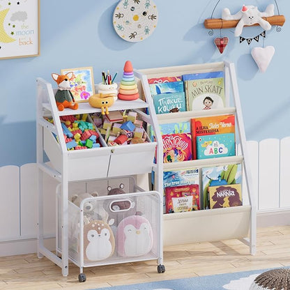 Kids Bookshelf and Toy Storage Organizer - 3 Tier Book Shelf for Kids Rooms with Movable Drawer, Kid Bookcase with 2 Toy Bins, Toddler Baby Childrens Bookshelf, for Bedroom Playroom Classroom (White)