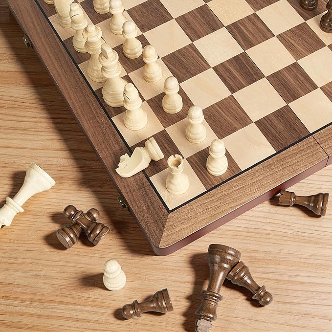 17" Magnetic Wooden Chess Set for Adults Kids, Chess Board Games with Magnetic Pieces & Extra Queens, Folding Portable Travel Large Unique Chess Sets for Tournament Professional Beginner