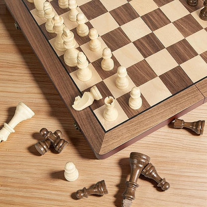 17" Magnetic Wooden Chess Set for Adults Kids, Chess Board Games with Magnetic Pieces & Extra Queens, Folding Portable Travel Large Unique Chess Sets for Tournament Professional Beginner
