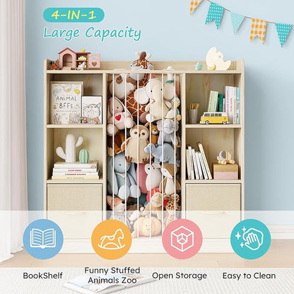 EXPERLAM Toy Storage Organizer with Stuffed Animal Storage, Wooden Toy Organizer & Stuffed Animal Zoo, 6 Cubes Shelf with Removable Drawers, 4 -in-1 Book Shelf for Kids Room, Playroom, Nursery