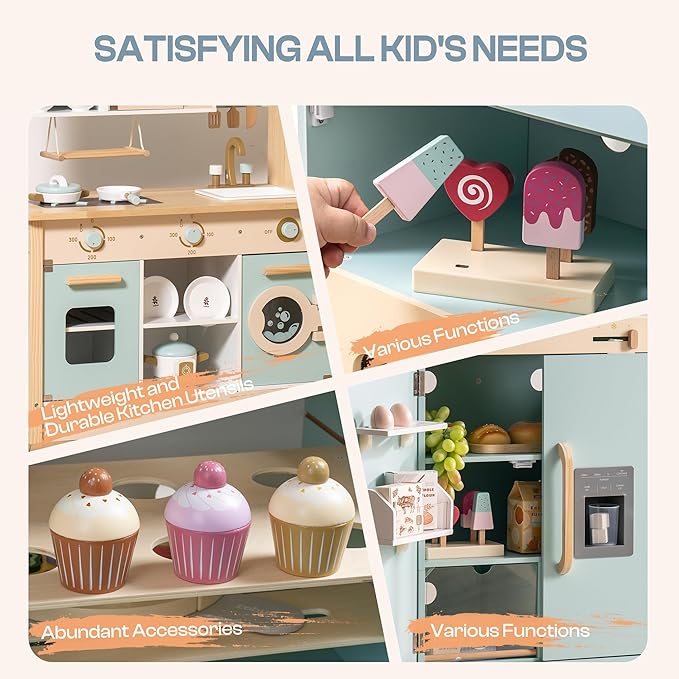 ROBUD Kids Corner Kitchen Playset, Wooden Play Kitchen Set with Realistic Sound, Ice Maker, Fridge, Oven, Washing Machine, Pretend Play Toy Kitchen Set, Gift for Boys Girls, Blue