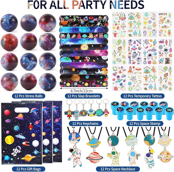 LiYiQ 87 Pcs Space Party Favors With Space Stress Balls Space Necklace Space Stamps Slap Bracelets Keychains Space Temporary Tattoo Stickers and Gift Bags For Kids Space Birthday Party Supplies
