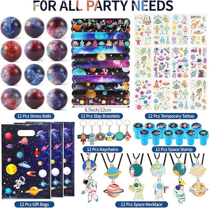 LiYiQ 87 Pcs Space Party Favors With Space Stress Balls Space Necklace Space Stamps Slap Bracelets Keychains Space Temporary Tattoo Stickers and Gift Bags For Kids Space Birthday Party Supplies
