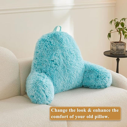 XeGe Faux Fur Reading Pillow Cover (No Filler), Fluffy Back Rest Pillow Case for Bed Sitting Up, Adults Kids Gaming Shaggy Sit Up Back Support Pillow Cover with Arms for Couch Chair Car, Aqua Ombre