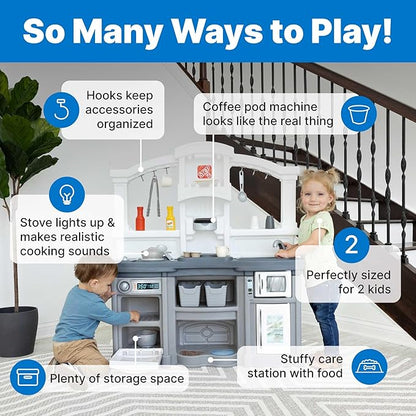 Step2 Fun with Friends Kids Kitchen Playset, Indoor/Outdoor Kitchenette with Lights & Sounds, Durable Plastic, 25-Piece Toy Accessories, Toddlers 2+ Years, Gray