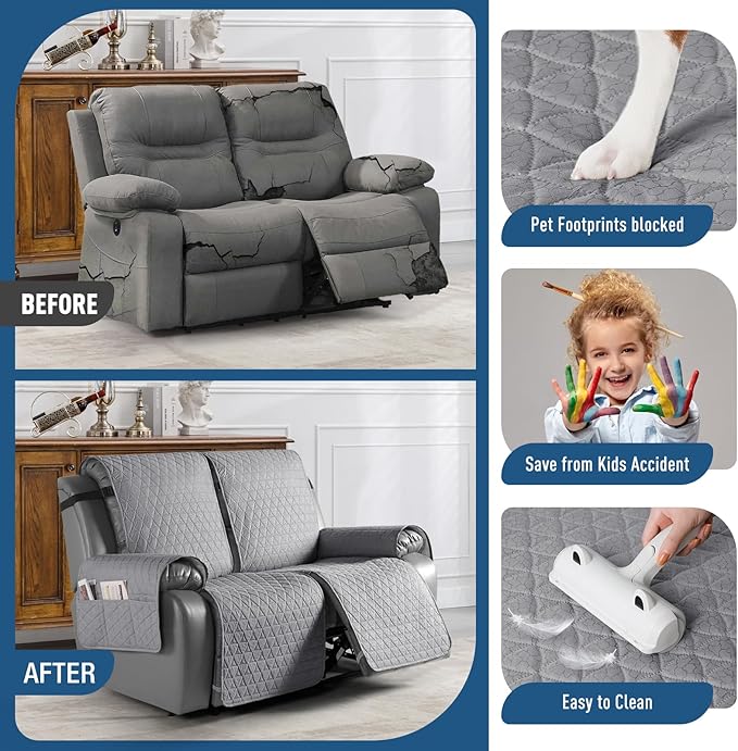 TAOCOCO 100% Waterproof Loveseat Recliner Cover-Recliner Cover with Non-Slip Granule, Recliner Chair Covers with Elastic Band,Washable Recliner Chair/Protector for Pets(Light Gray, 2 Seater)