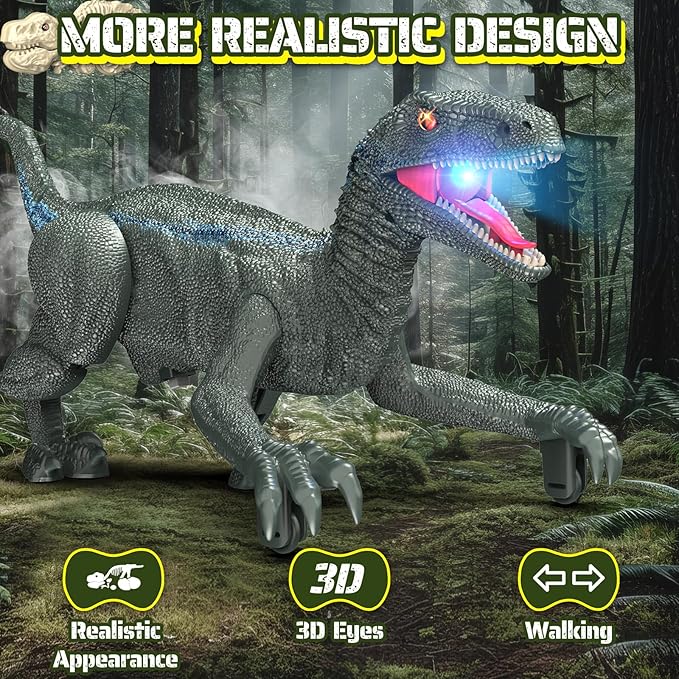 Remote Control Dinosaur, Realistic Dinosaur Toys for Kids, 2.4GHZ, Walking,Rechargeable, 3D Eyes, 3 Sound Effects, Demo Function, Jurassic Toys for Christmas, Kids 3-5 3+