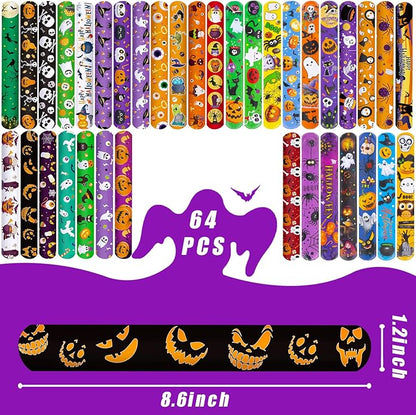 AMOR PRESENT 64PCS Slap Bracelets Bulk, Halloween Slap Bracelets for Kids Snap Wrist Bands for Party Favors Goodie Bags Trick Or Treat Toys