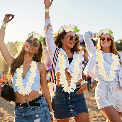 HOBBY HORSE 6 Pieces Hawaiian Luau Flower Leis Halloween Decor Leis White Necklaces Bracelets Headband Anklets Set Tropical Party Favor for Halloween Cosplay Beach Wedding Birthday Party Supplies