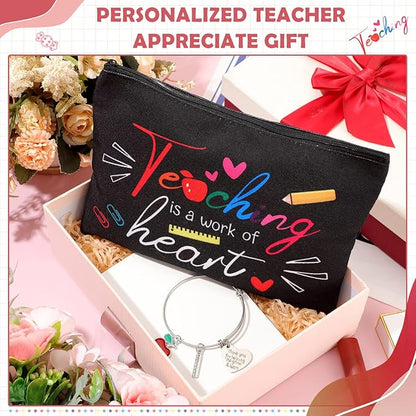8 Pcs Teacher Appreciation Gift Set for Women, 4 Teacher Makeup Pouch Cosmetic Bags and 4 Bangle Bracelets, Christmas Valentines Thank You Gifts for Teacher (A Work of Heart)