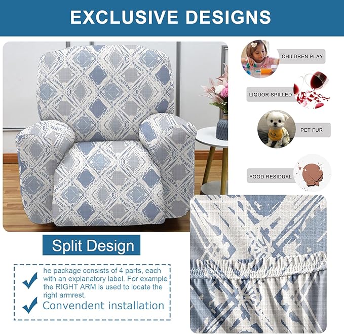 NILUOH Recliner Covers 4-Pieces Stretch Lazy Boy Recliner Chair Covers with Pocket Floral Pattern Reclining Slipcovers Soft Sofa Slipcover Furniture Protector for Pets Kids (Recliner, Pattern 55)