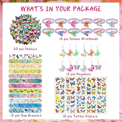 96 Pcs Butterfly Party Favors for Girls Fairy Birthday Party Supplies with Butterfly Silicone Bracelets, Slap Wristbands, Keychains, Tattoos Stickers and Stickers for Kids Decoration Gifts