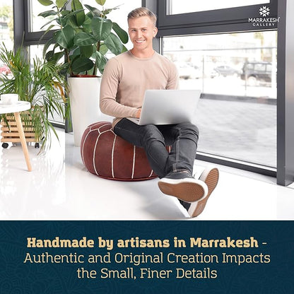 Genuine Leather Round Pouf Cover - Handmade Moroccan Ottoman Footstool, Unstuffed Footrest Under Desk - Boho Decor - Bohemian Living Room, Bedroom, Kids Room - Housewarming Gift & Wedding