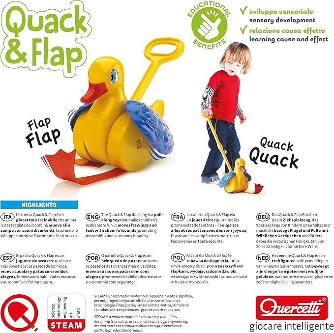 Quercetti Quack and Flap Duck Push Toy - Makes Sounds and Flaps Wings as it Rolls, Helps Toddlers Learn First Steps and Promotes Walking, for Kids Ages 1 - 3 Years , Yellow