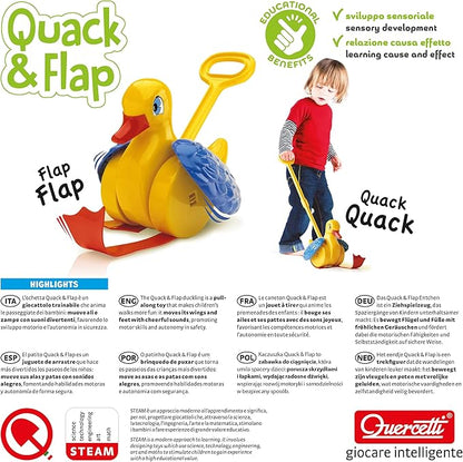 Quercetti Quack and Flap Duck Push Toy - Makes Sounds and Flaps Wings as it Rolls, Helps Toddlers Learn First Steps and Promotes Walking, for Kids Ages 1 - 3 Years , Yellow