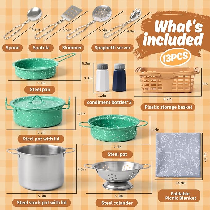 Kids Play Kitchen Toy Accessories Set Toddler Cooking Playset Colorful Stainless Steel Pots and Pans Birthday Gifts for 3+ Girls Boys (New Green)