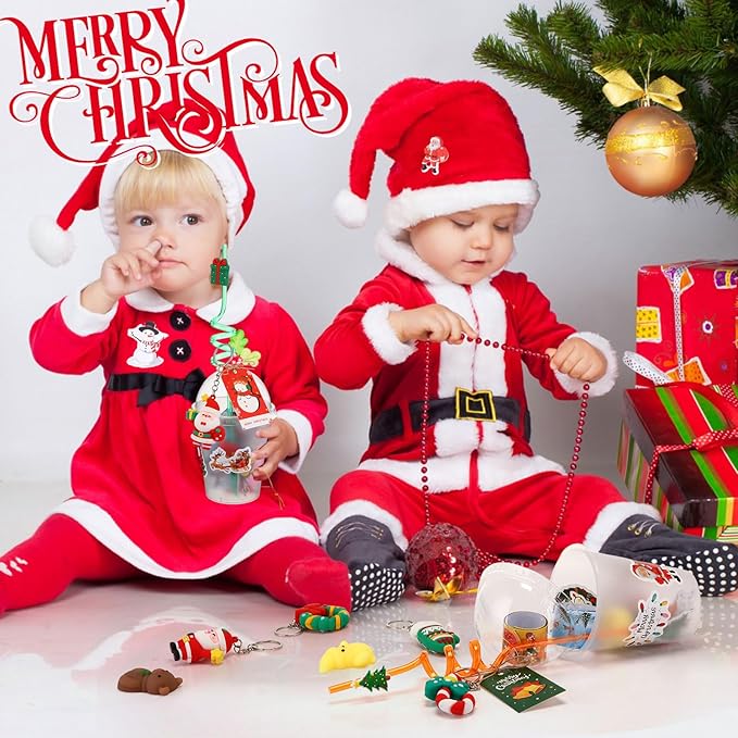 Shappy 160 Pcs Christmas Party Favors Prizes Gift Bulk, Assortment Toys Plastic Cups with Lids Mini Christmas Squeeze Slap Bracelets Straws Sticker Gift Tags and Keychains Xmas Goodie Bags for Kids