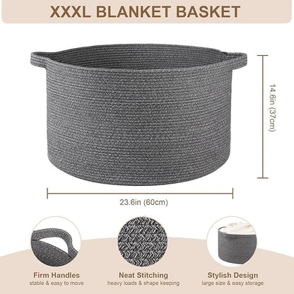OIASKET Large Woven Baskets for Storage, 23.6" x 23.6" x 14.6" Blanket Storage Living Room, Baby Toy Basket for Clothes, Pillows, Towels, Shoe Basket for Entryway (Dark Grey)