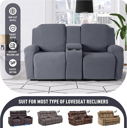 KinCam Loveseat Recliner Covers with Middle Console Slipcover, Recliner Sofa Covers 2 Seat Couch Cover Stripe Jacquard Furniture Protector Covers with Elastic Bottom for Kids, Pets (Gray)