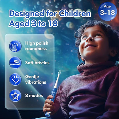 Kids Electric Toothbrush Rechargeable Age 3-5-6-12-18 Year Old, Childrens Electric Toothbrush with Timer 3 Modes 4 Vibrating Heads Habit Stickers 31000VPM Boys Electric Toothbrush (Astronaut Blue)