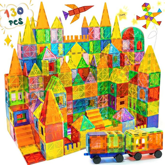 EchoPlan 130 PCS Magnetic Tiles,Magnetic Building Blocks with 2 Cars,Magnet Tiles 3D Clear Construction STEM Preschool Sensory Educational Toys Set for Kids Toddlers Boys 3 4 5 6 7 8 9+ Year Old