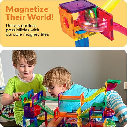 PicassoTiles 100pc Magnetic Marble Run Set with Racing Track Tiles Funnels Curved Slopes and Steel Balls for Kids STEM Construction Indoor Learning Toy that Promotes Focus and Problem Solving PTG100