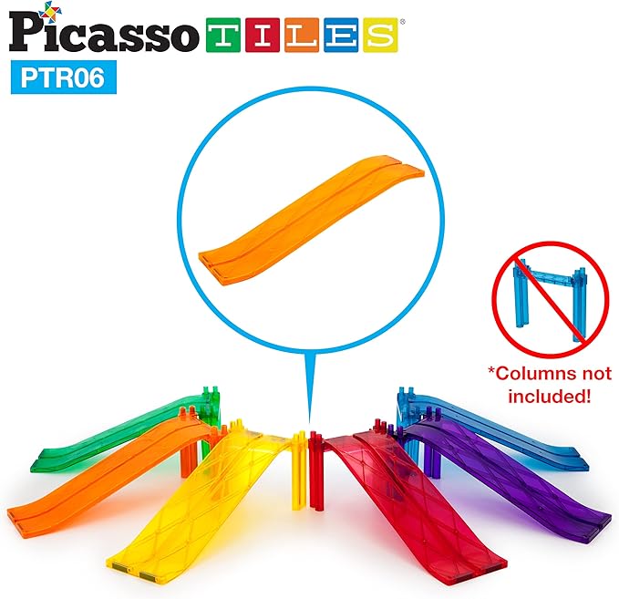 PicassoTiles 6 Piece Race Track Ramp Magnetic Building Block Set Magnet Tiles Construction Toy STEM Learning Kit Education Playset Playboard Pretend Play Stacking Blocks Child Brain Development PTR06