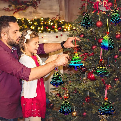 JULMELON 36 PCS Christmas Scratch Art, Christmas Crafts for Kids Magic Rainbow Scratch Paper Cards Christmas Tree Hanging Ornaments Decorations DIY Winter Holiday Party Favors