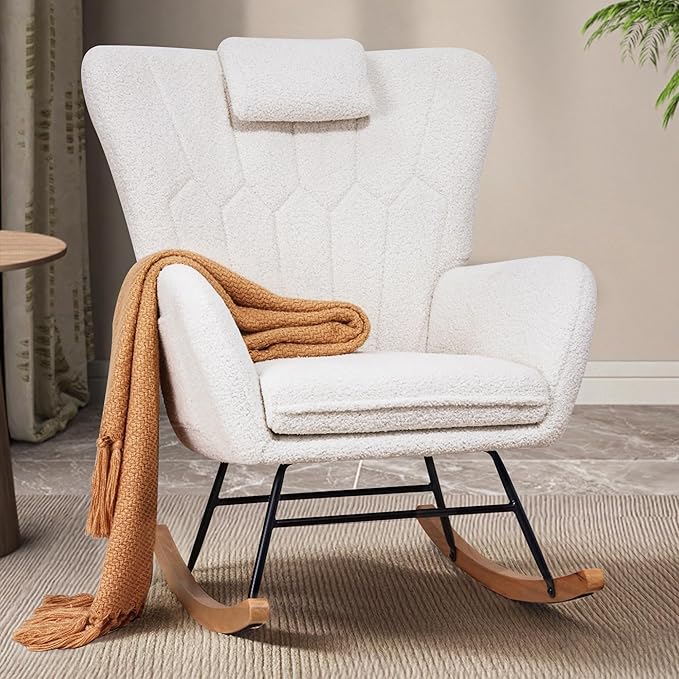 VECELO Rocking Chair Nursery with Thick Headrest, Modern Teddy Upholstered Reading Glider Rocker Accent Armchair with High Backrest, Padded Seat, Side Pocket, for LivingRoom, Bedroom, Baby Room, White