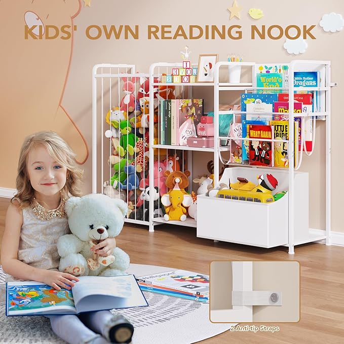 BBLIKE 3in1 Stuffed Animal Storage Organizer - Toy Storage with Kids Bookshelf & Large Plushies Holder for Kids Room - Multi-Functional Furniture for Nursery, Bedroom, and Playroom, White