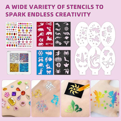 WUO Professional Face Painting Kit for Kids Adults, 12x10g+4 Colors Split Cake Palette with Stencils Sponge, Non-Toxic Water-Activated Rainbow Body Face Paint Makeup for Halloween Christmas Partie