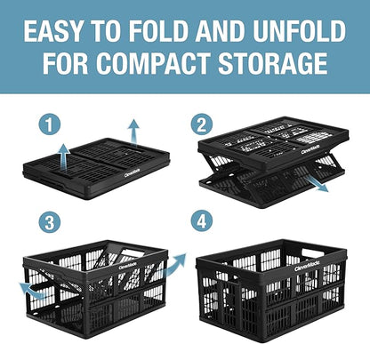 CleverMade Collapsible Utility Crate 45L Foldable Plastic Crate with Heavy Duty 66 lb Capacity for Storage, Trunk Organization, & Moving - Obsidian