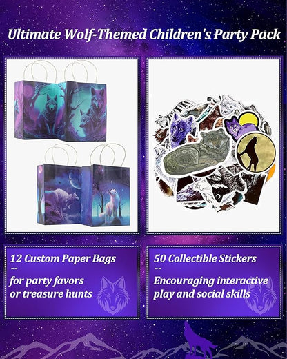 98 pcs Halloween Wolf Party Favors For Kids -Wolf Birthday Party Favors with Wolf Storage Bag Balloons Keychains Clapping Wristbands and Wolf Stickers for Wolf Party Decorations and Halloween