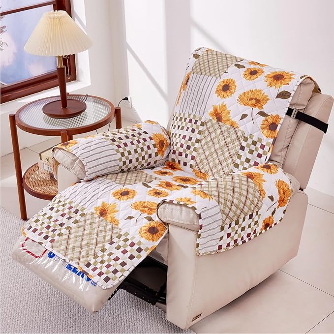 EVENHUG Recliner Sofa Cover Patchwork Floral Sofa Slipcover Washable Couch Cover for Reclining Couch Furniture Protector Cover with Elastic Straps for Pets Kids Dog Cat (Recliner,Yellow)