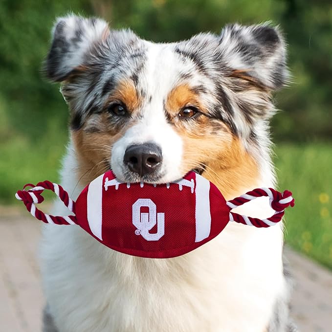 Pets First NCAA Oklahoma Sooners Football Dog Toy, Tough Quality Nylon Materials, Strong Pull Ropes, Inner Squeaker, Collegiate Team Color