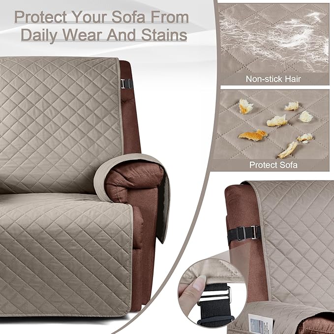 KinCam 100% Waterproof Recliner Chair Cover, Reclining Couch Covers for Pets, Dogs, Recliner Couch Slipcover Furniture Protector with Elastic Straps for Kids(23.6", Khaki)