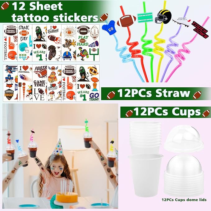 320pcs Football Party Favors with Football Party Bags Football Whistle Mini Foam Football Slap Bracelets Keychains Sticker Tattoo for Party Goodie Bag Fillers Football Party Decorations
