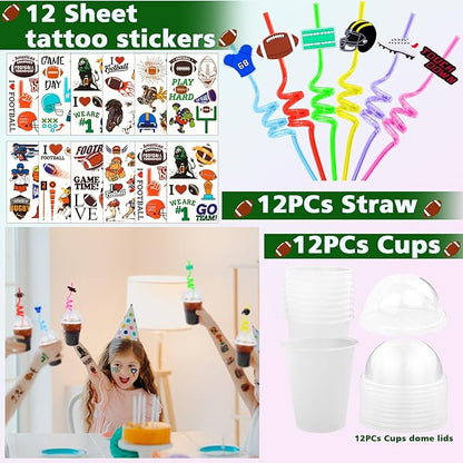 320pcs Football Party Favors with Football Party Bags Football Whistle Mini Foam Football Slap Bracelets Keychains Sticker Tattoo for Party Goodie Bag Fillers Football Party Decorations