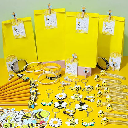Winrayk 146Pcs Bee Party Favors Birthday Supplies Bee Gift Bag with Cards & Clips Pencil Mini Bubble Wand Honeycomb Silicone Bracelet Keychain Sticker Honey Bee Themed Party Favors Goodie Bag Stuffers