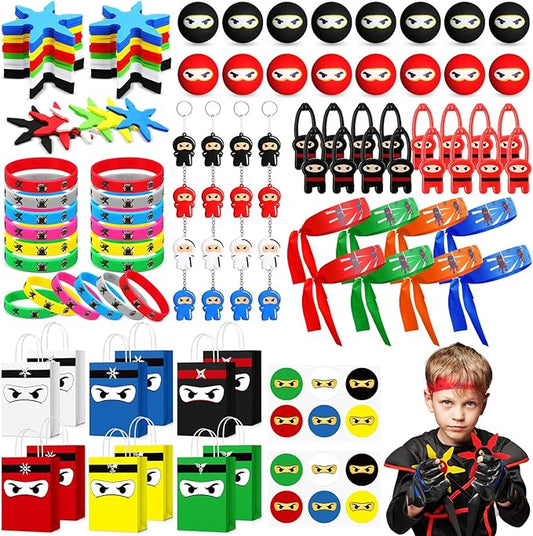 16 Guests 128 Pcs Ninja Party Favors Include Ninja Gift Bags Bouncy Balls Throwing Favors Flying Slingshot Headbands Silicone Bracelets Keychains Stickers for Ninja Birthday Party Supplies
