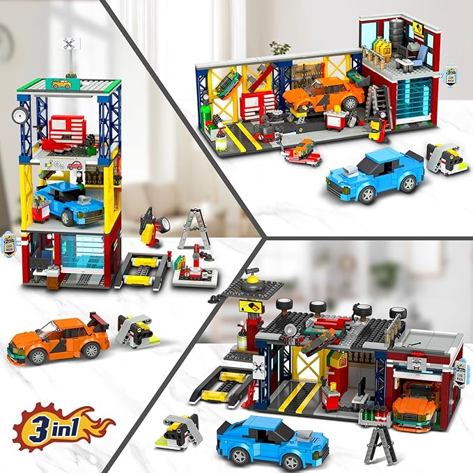 HOGOKIDS City Car Garage Building Set, 1022 PCS 3 IN 1 Auto Repair Shop, Gas Station, Car Wash Building Block with 2 Custom Cars Pretend Play Mechanic Toy Birthday Gift for 8-14+ Boys Teens Girls Kids