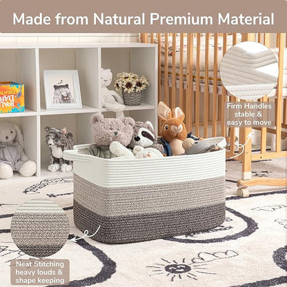 Goodpick Large Woven Storage Basket, 21.6"x14.9"x11.8", Blanket Storage for Bedroom and Living Room, Rectangle Rope Baskets for Storage, White Brown