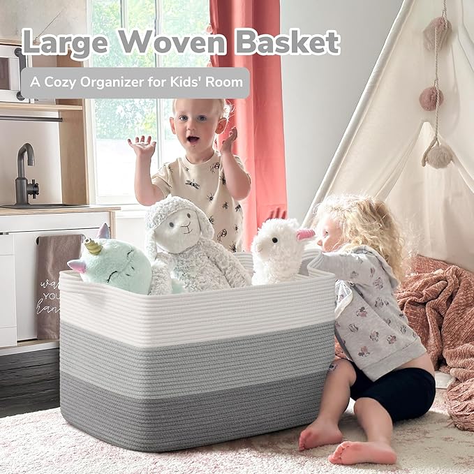 Goodpick 85L Large Woven Basket 23.6" x 15.7" x 13.8" Cotton Rope Storage Baskets for Organizing, Decorative Blanket Basket for Living Room Bedroom, Toy Baskets Storage Kids, Gray