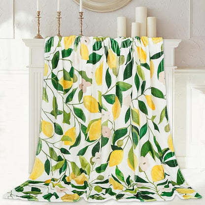 Lemon Fuzzy Blanket 60 x 50 Inch Yellow Lemon with Green Leaves Throw Blanket Bed Blanket Soft Warm Spring Summer Blanket for Adults Kids Gift Home Chair Sofa Couch