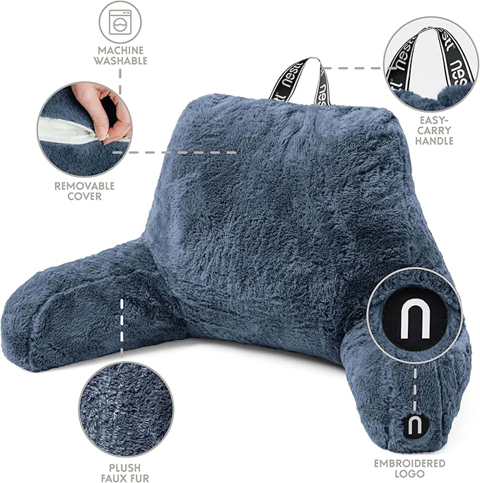 Nestl Fur Reading Pillow, Stylish Back Pillow for Bed Sitting Up, Faux Fur Bed Chair Pillow with Arms, Reading Pillows for Sitting in Bed Adult & Kids, Sit Up Back Support Pillow for Bed Rest - Blue