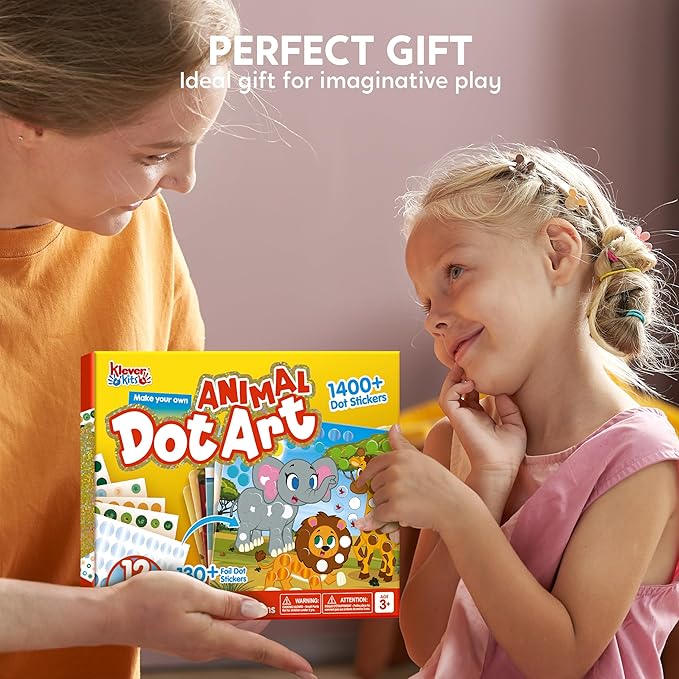 Klever Kits Dot Art Kit for Kids, No Mess Sticker for Toddlers 3-7, Craft Kits, DIY Creative Activity, Travel Toy, Birthday Gifts for Boys Girls (Animal)