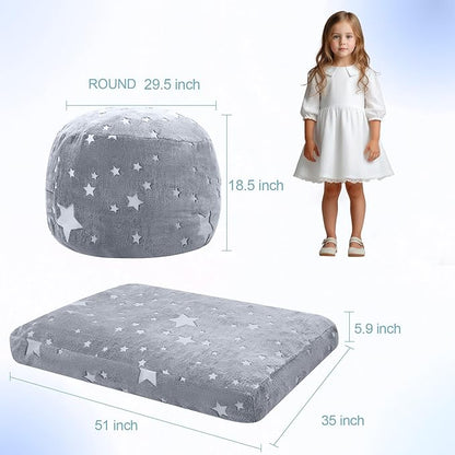 COMAX Kids Bean Bag Chair Turn into Beanbag Bed, Unicorn Toddler Bean Chair for Girl Boy Sleeping, Lazy Children Sofa Couch with Filler, Convertible Child Floor Mattress, Glowing Grey Star