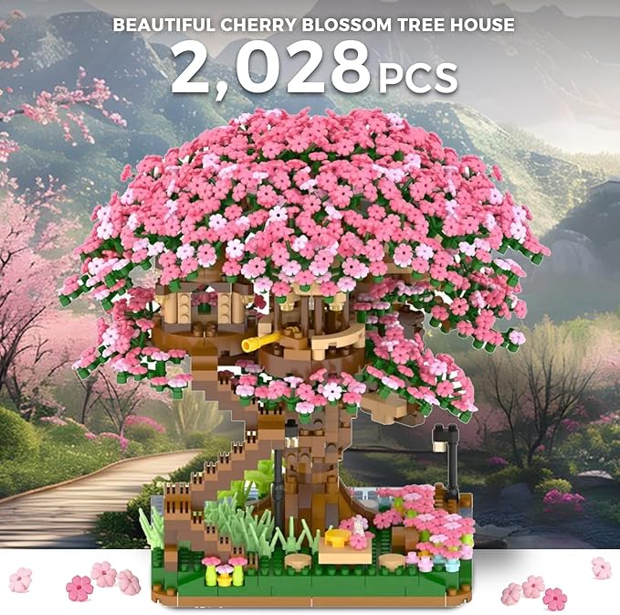 Peach Blossom Pond Micro Building Blocks Set Toys for Kids and Adults, Mini Cherry Bonsai Tree House with LED String Lights DIY Japanese Sakura Street Model Chinese Bricks Architecture Kit Teens Gift
