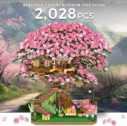 Peach Blossom Pond Micro Building Blocks Set Toys for Kids and Adults, Mini Cherry Bonsai Tree House with LED String Lights DIY Japanese Sakura Street Model Chinese Bricks Architecture Kit Teens Gift