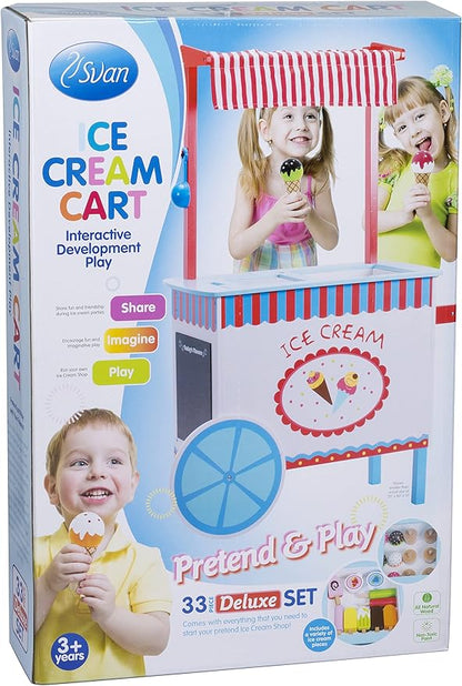 Ice Cream Cart Kids Pretend Play Stand- 33+ Pc Accessories, Realistic Premium Wooden Toy Activity Set, Money Box Chalkboard & Icecream Truck- Popsicles Cones Unique Flavors- Girls Boys Role Play Gift